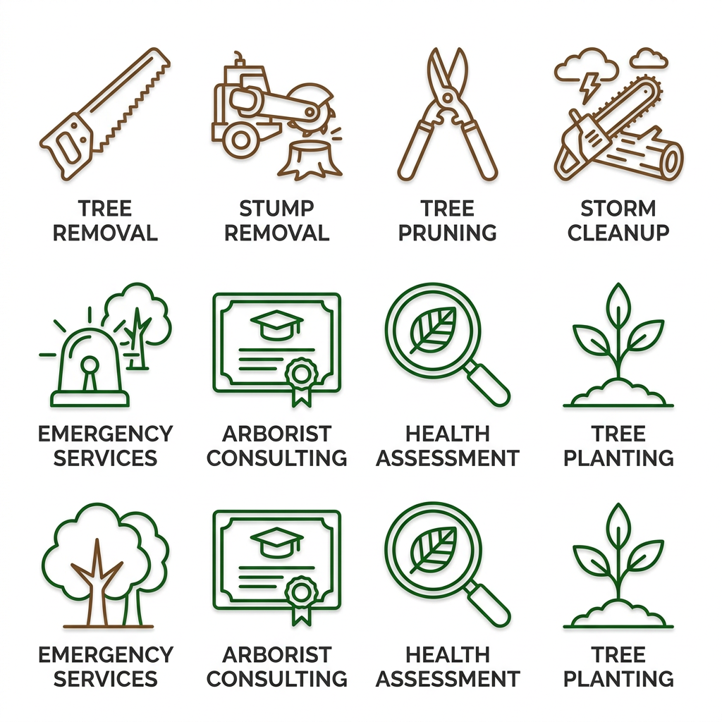 Outline icon grid of eight tree services including tree removal, stump removal, pruning, storm cleanup, emergency services, arborist consulting, tree health assessment, and tree planting.