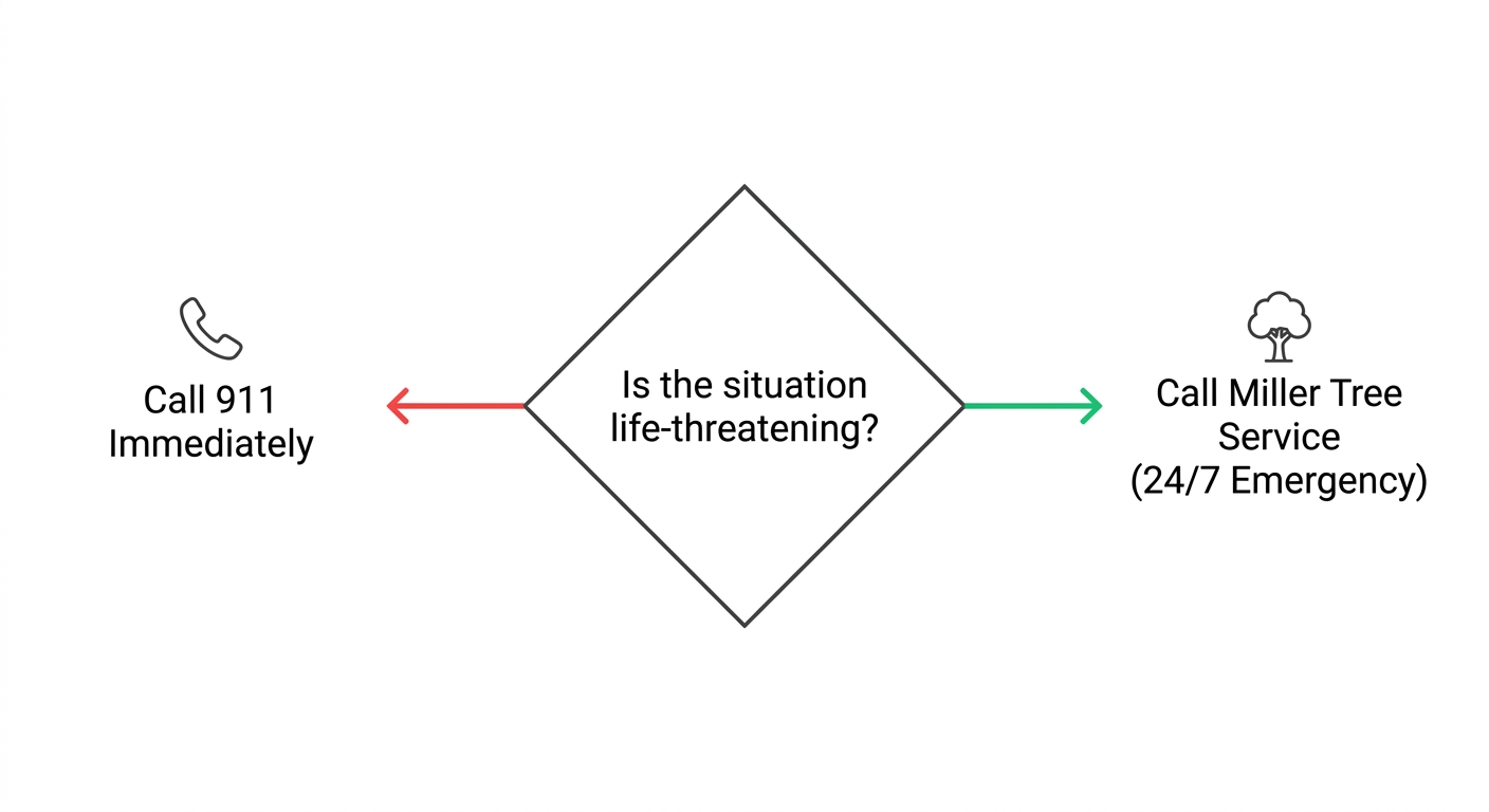 Tree Service in Mansfield LA Removal Trimming and Care 2 Emergency tree decision flow diagram featuring a diamond with a life-threatening question leading to two outcome boxes for 911 or Miller Tree Service