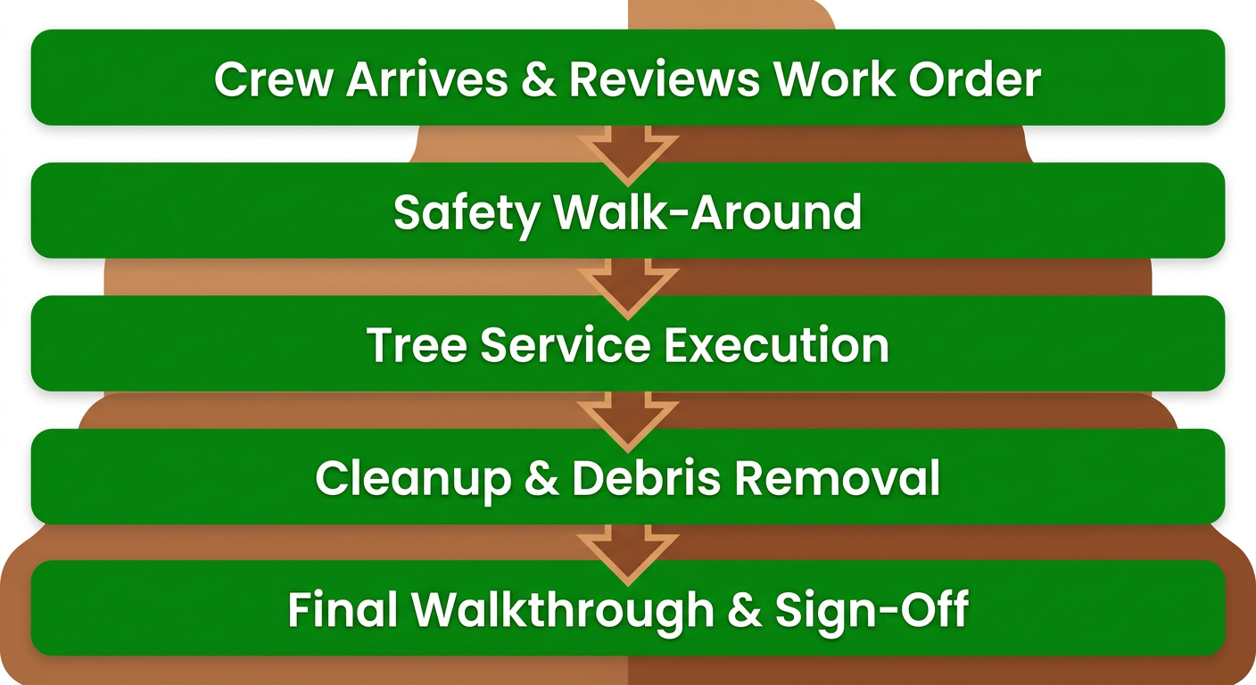Tree Service in Mansfield LA Removal Trimming and Care 1 Vertical process flow showing tree service workflow in five stages: crew arrival and work order review, safety walk-around, tree execution, cleanup, and final walkthrough.