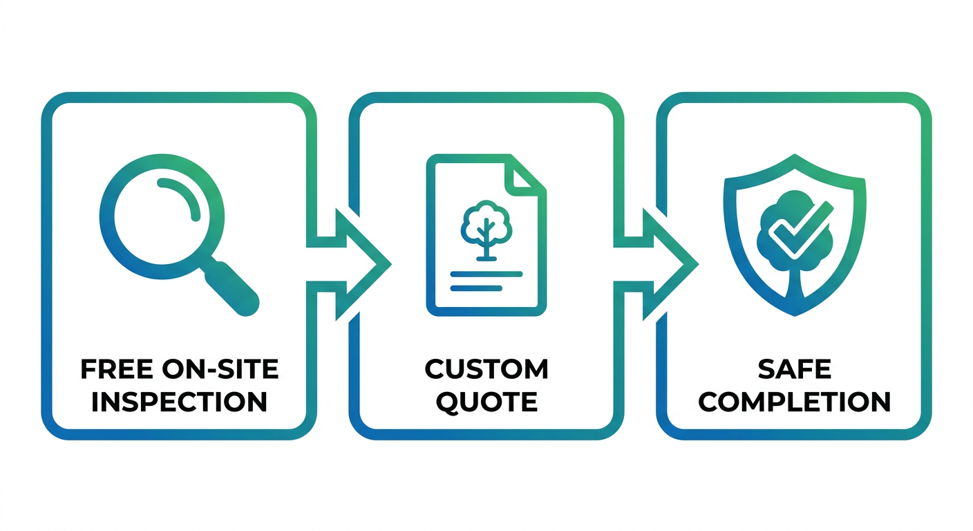 Horizontal process-flow diagram showing three steps of tree service project timeline: free on-site inspection with magnifying glass icon, custom quote with document icon, and safe project completion with checkmark shield icon, connected by arrows.