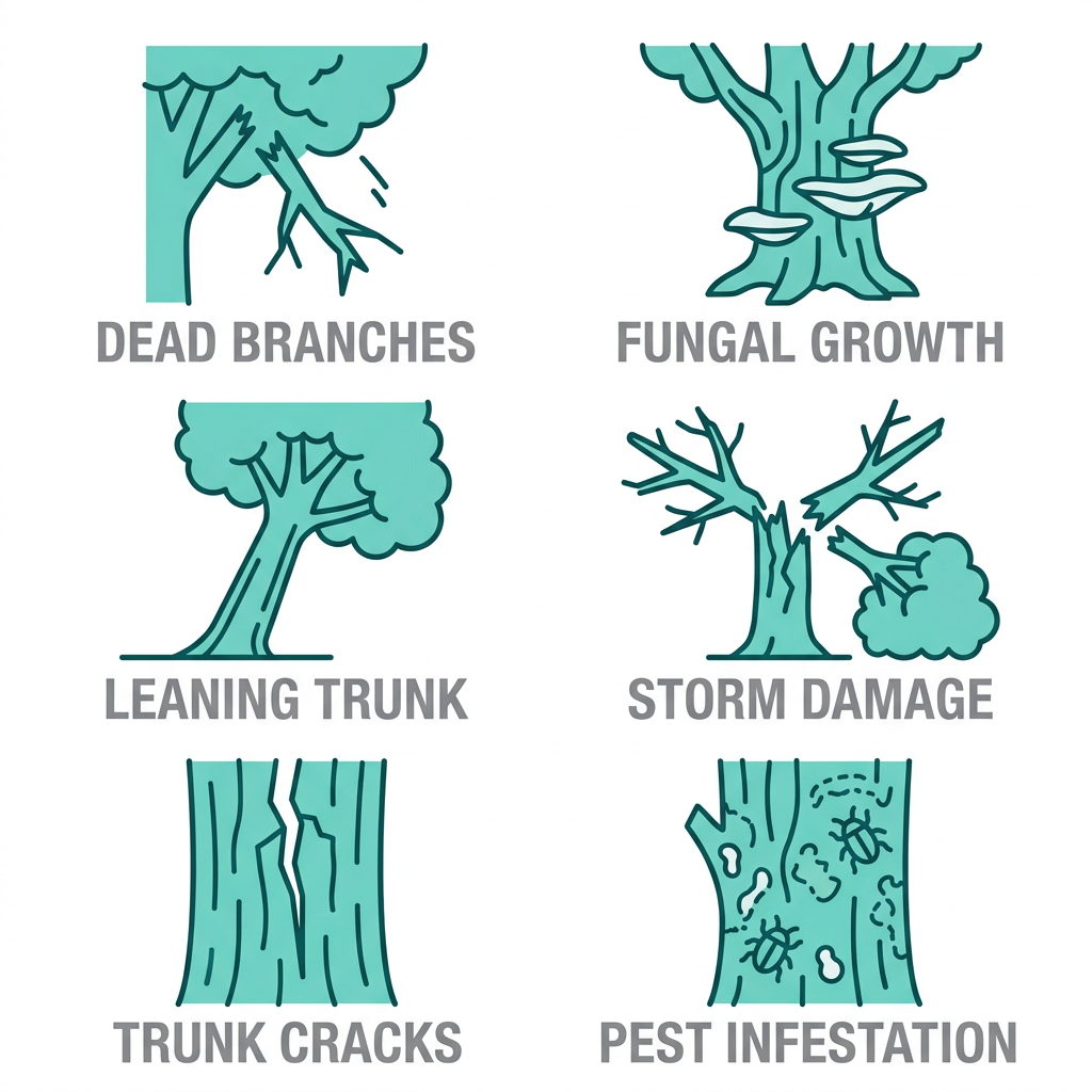 Set of six warning sign icons showing tree hazard indicators including dead branches, fungal growth, leaning trunk, storm damage, trunk cracks, and pest infestation with labels beneath each icon.