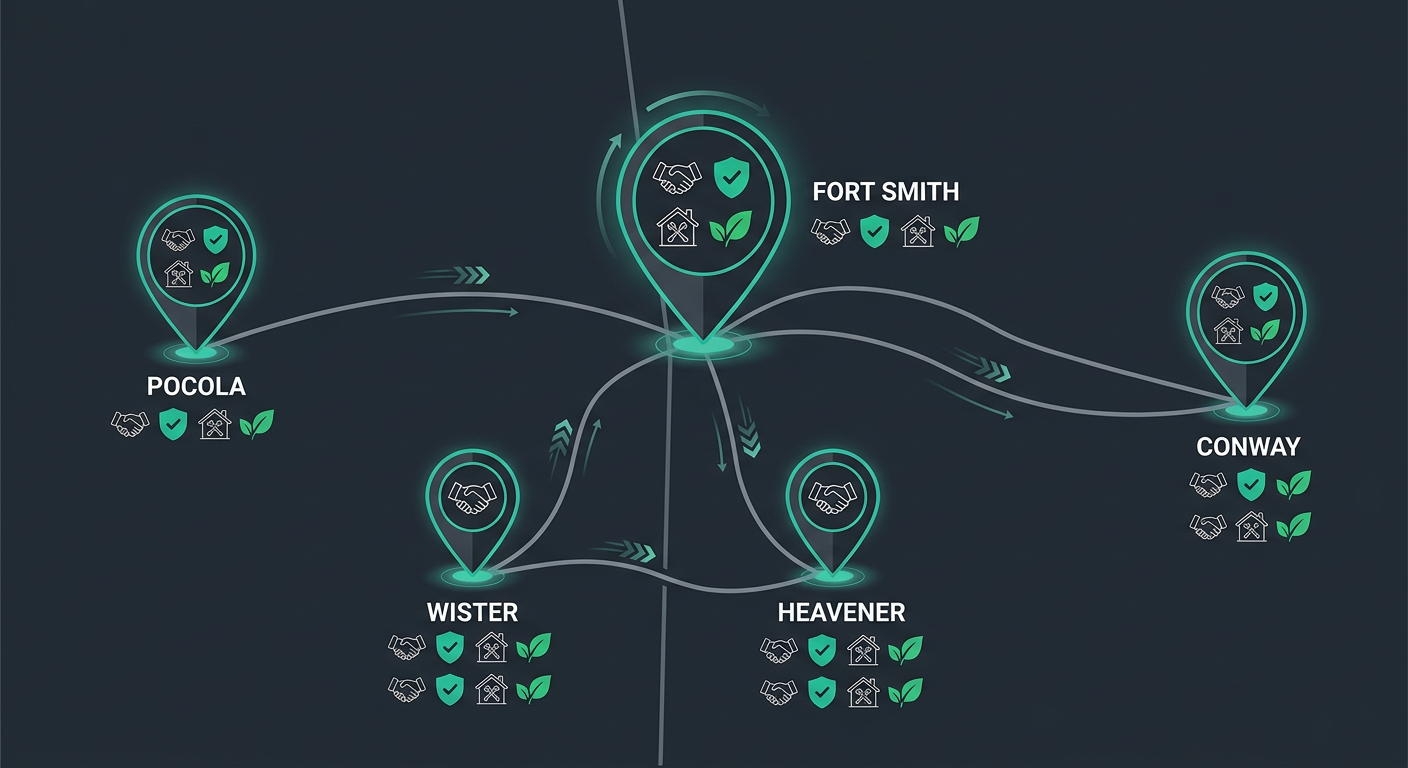 Map infographic showing 1312 Restoration's service coverage across Fort Smith, AR, Wister, Heavener, Pocola, and Conway with icons for local expertise and quick response