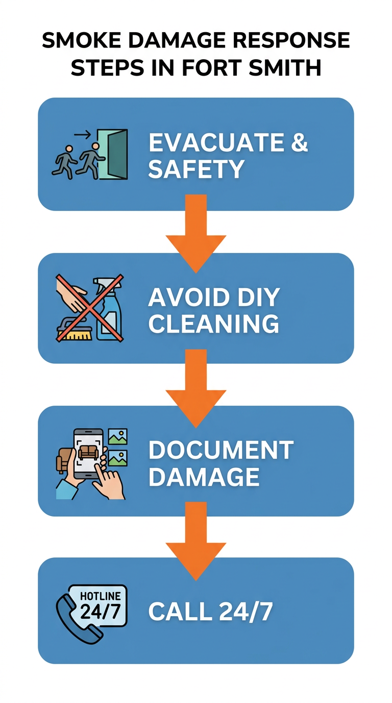 Four-step vertical process flow showing first actions after smoke damage in Fort Smith: evacuate, avoid DIY cleaning, document damage, and call 1312 Restoration.