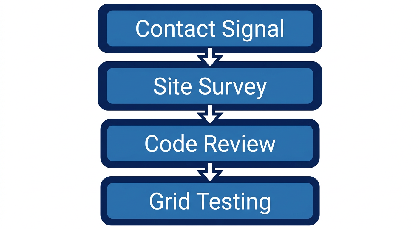 Vertical process flow diagram with four steps for initiating DAS testing services by Signal Communications in Florida: Contact Signal, Site Survey, Code Review, and Grid Testing.