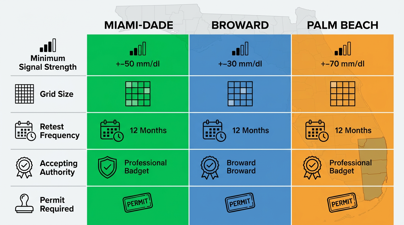 Florida DAS testing requirements comparison infographic for Miami-Dade, Broward, and Palm Beach counties