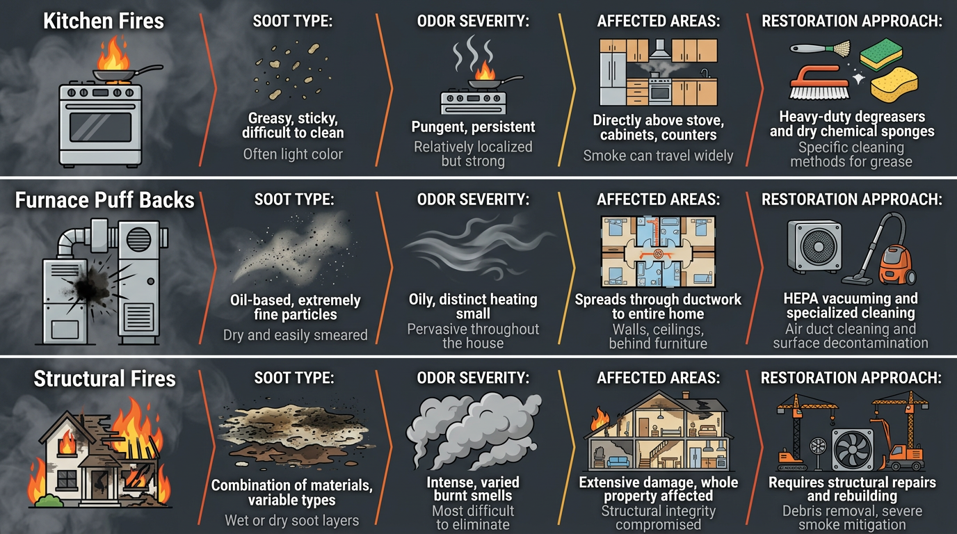 Infographic comparing three smoke damage scenarios in Poteau homes with color-coded panels showing soot type, odor severity, affected areas, and restoration approach for kitchen fires, furnace puff backs, and structural fires.