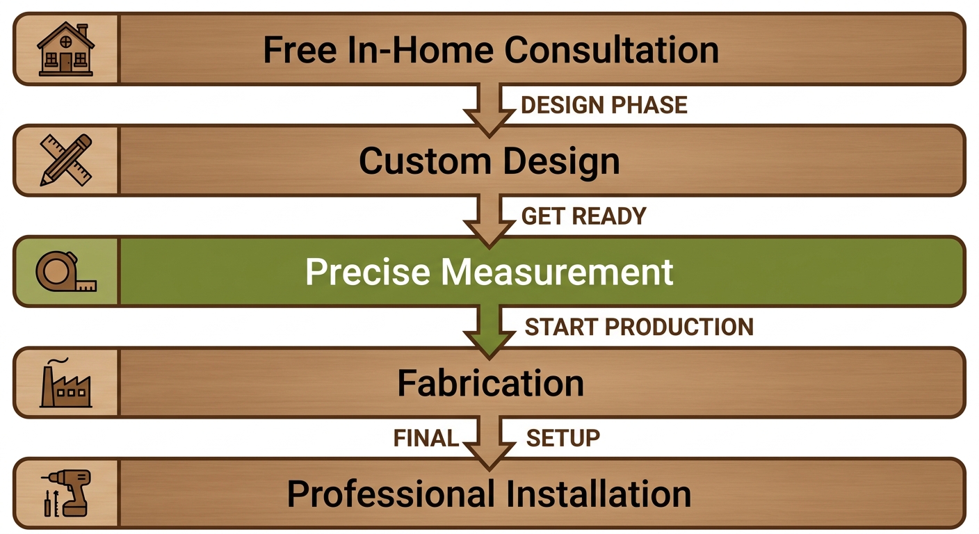 Vertical process flow diagram showing five stages of a custom cabinetry project.