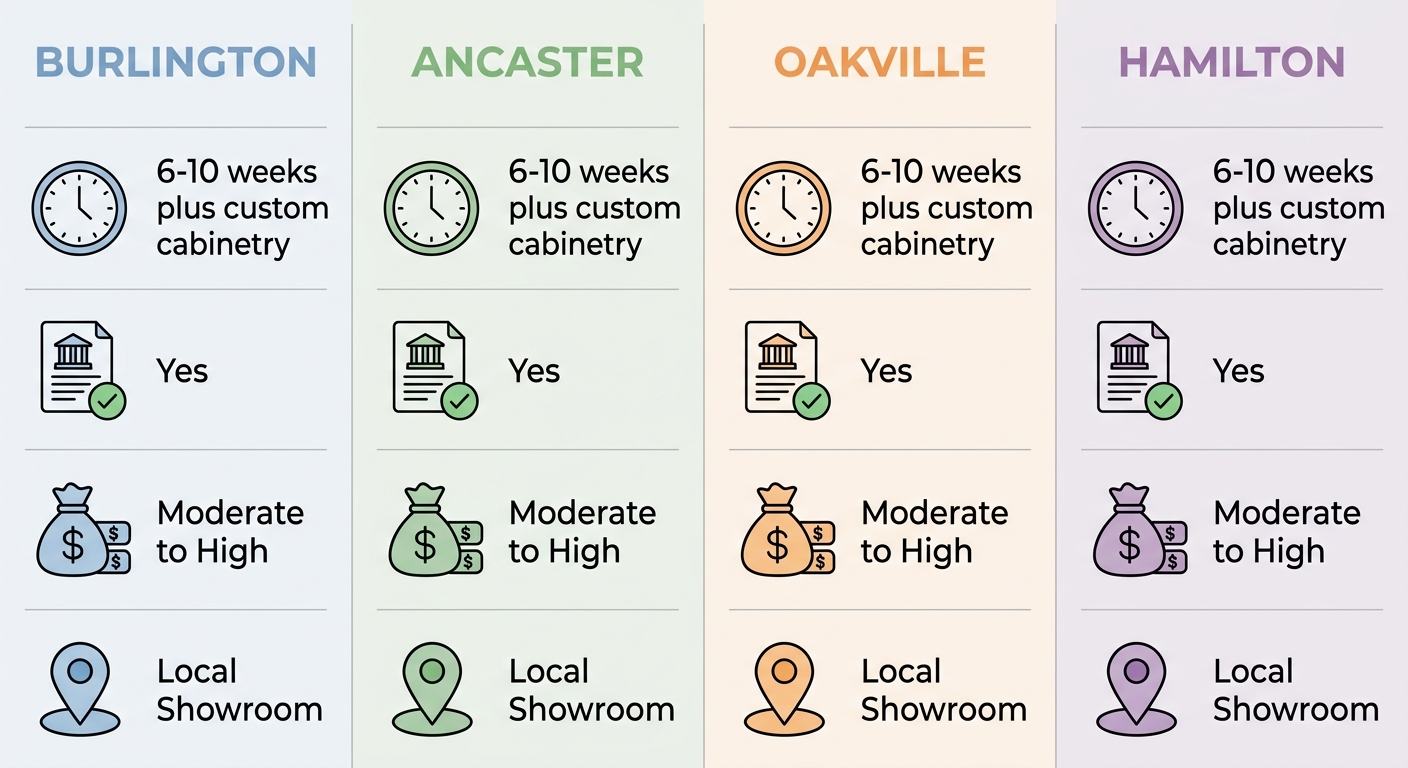Comparison infographic for kitchen remodel markets in Burlington, Ancaster, Oakville, and Hamilton showing timeline, permit requirements, cost, and showroom locations.