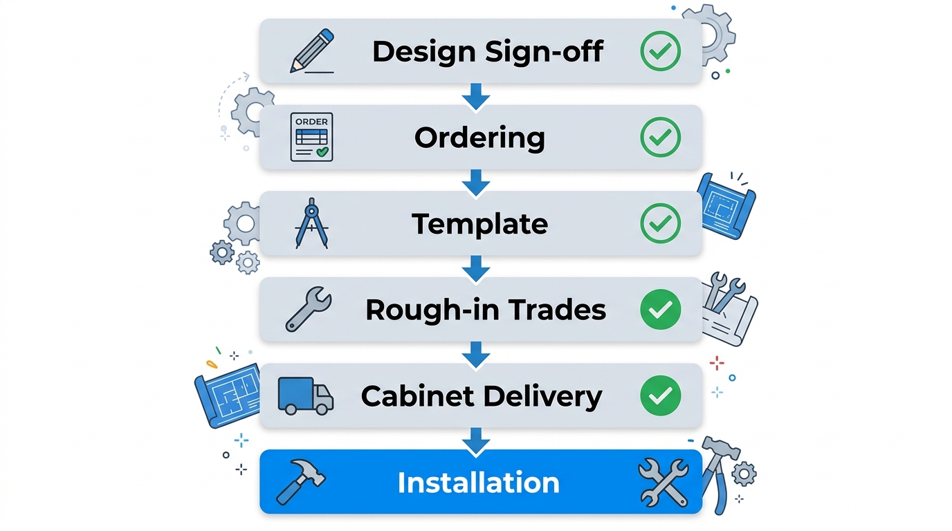 Horizontal flow diagram showing six sequential stages of custom cabinet projects from design sign-off to installation with connecting arrows and stage icons
