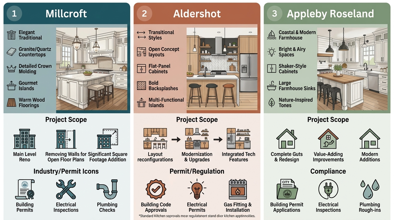 Comparison infographic of kitchen remodeling in three Burlington neighborhoods Millcroft, Aldershot, and Appleby Roseland with color-coded columns for project scope, design style, and permit requirements.