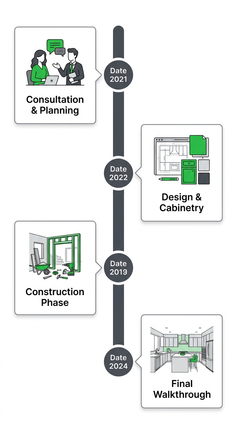 Four-phase kitchen renovation timeline for Oakville homeowners showing consultation, design and cabinetry, construction, and final walkthrough stages