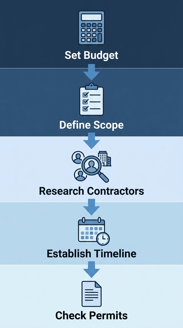 Vertical process flow diagram showing five stages of starting a kitchen renovation in Oakville.
