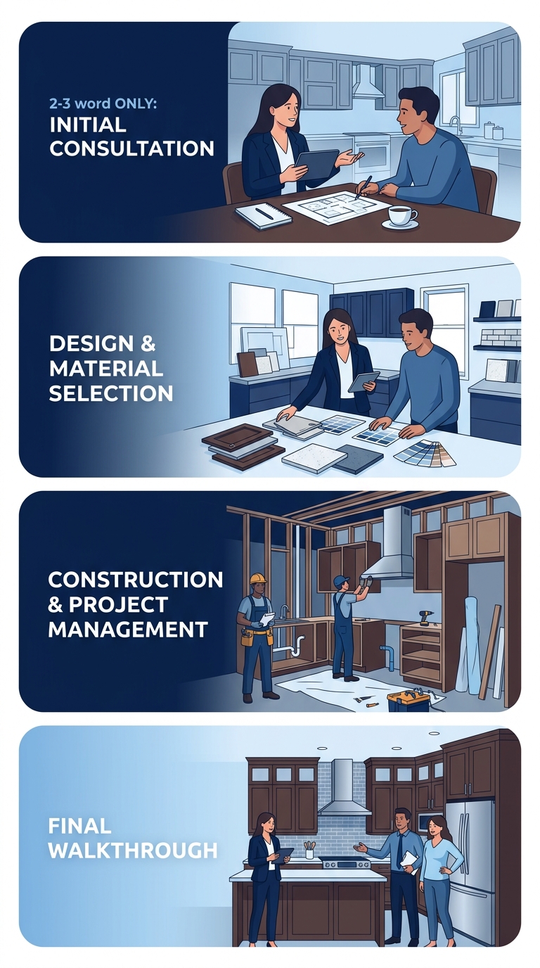 Vertical process-flow diagram outlining the kitchen remodeling journey in Oakville