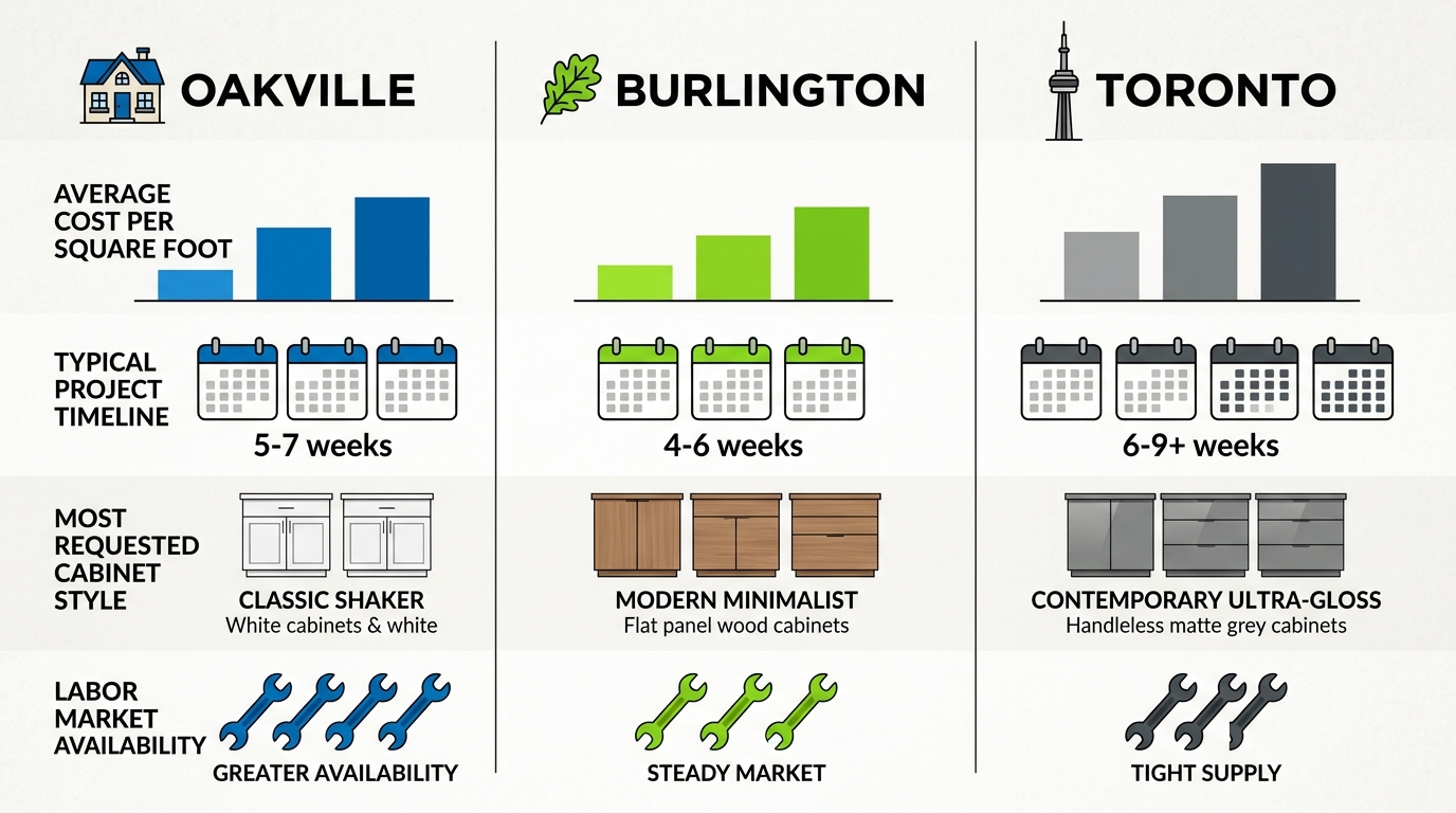 Comparison infographic for kitchen remodeling costs, timelines, styles, and labor availability across Oakville, Burlington, and Toronto