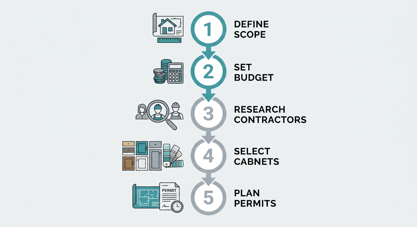 Five-step vertical process flow diagram for starting a kitchen renovation in Burlington, with numbered circles and arrows connecting stages like define scope, set budget, research contractors, select cabinets, and plan permits.