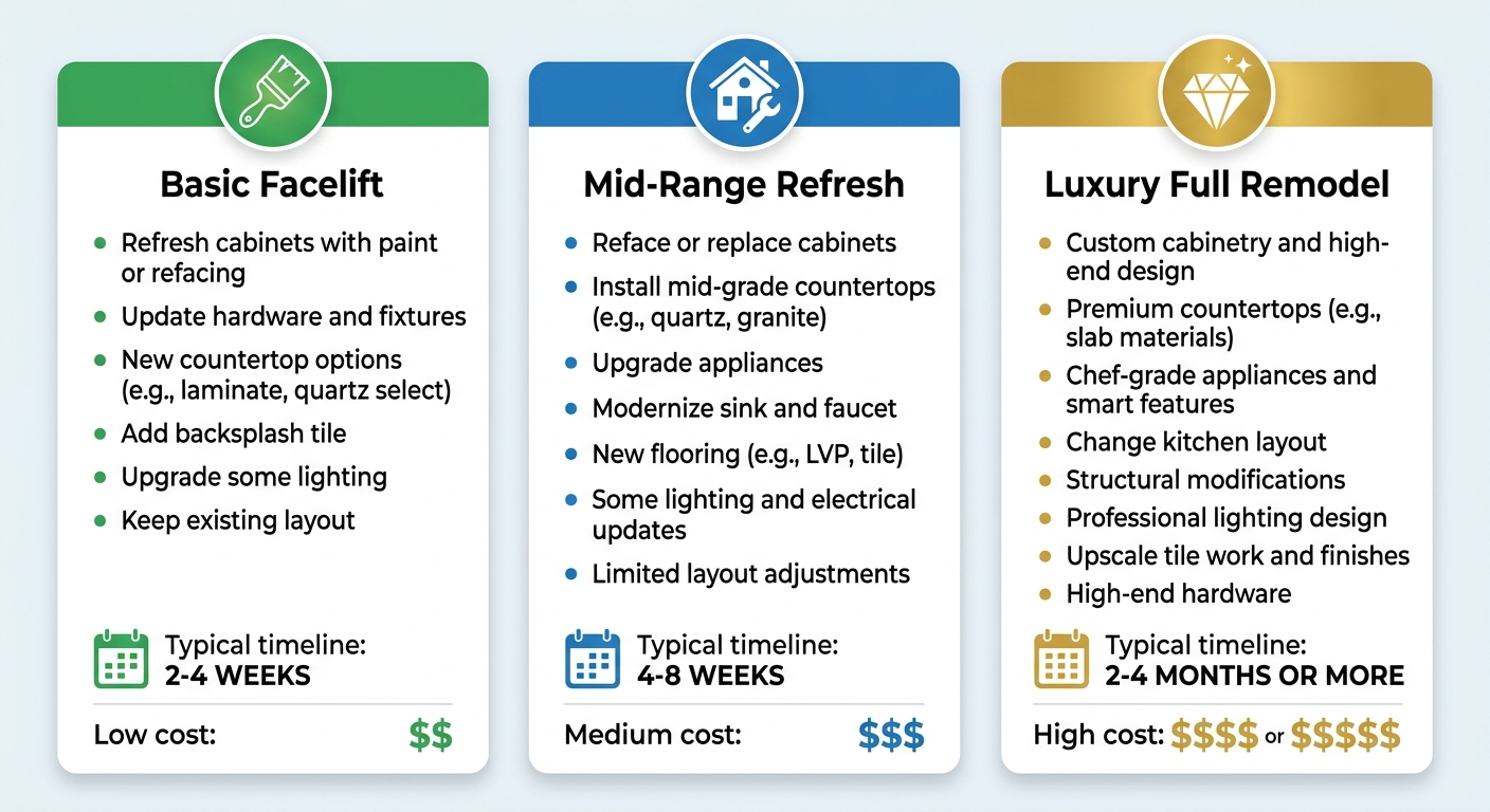 Infographic comparing three kitchen renovation scopes in Burlington