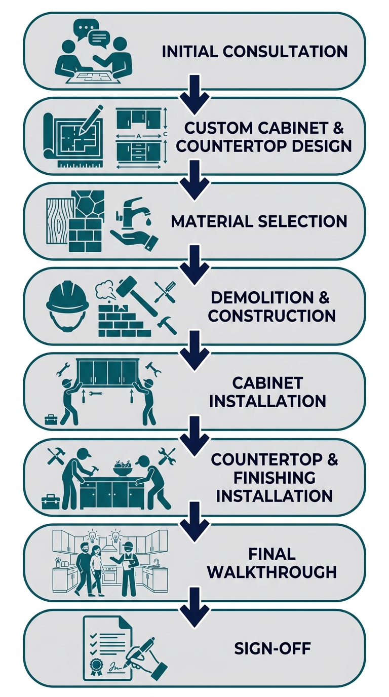 Vertical process flow diagram showing eight stages of a full-service kitchen renovation by The Wright Kitchen, from initial consultation to sign-off.