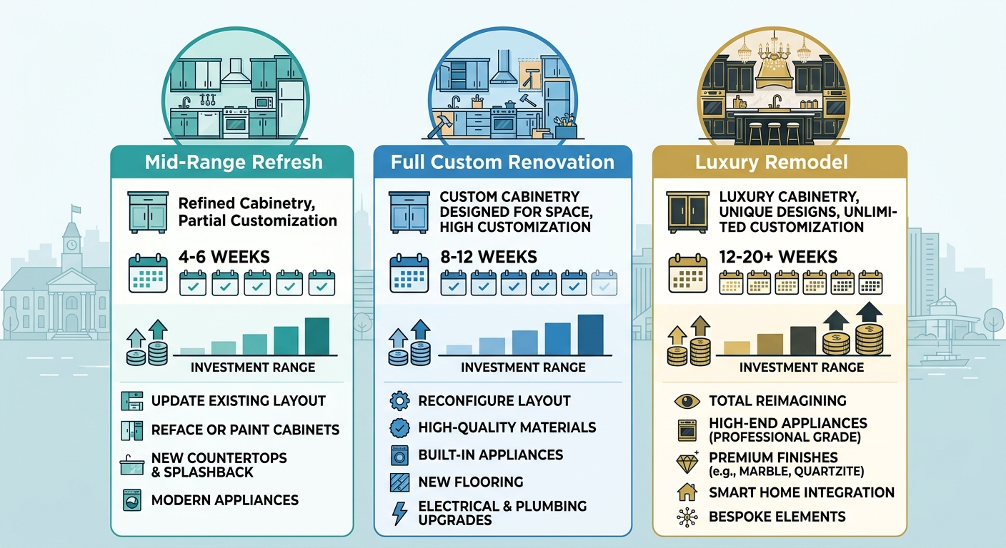 Infographic comparing three kitchen renovation tiers in Oakville: Mid-Range Refresh, Full Custom Renovation, and Luxury Remodel with columns showing cabinetry customization, timeline, and investment range.