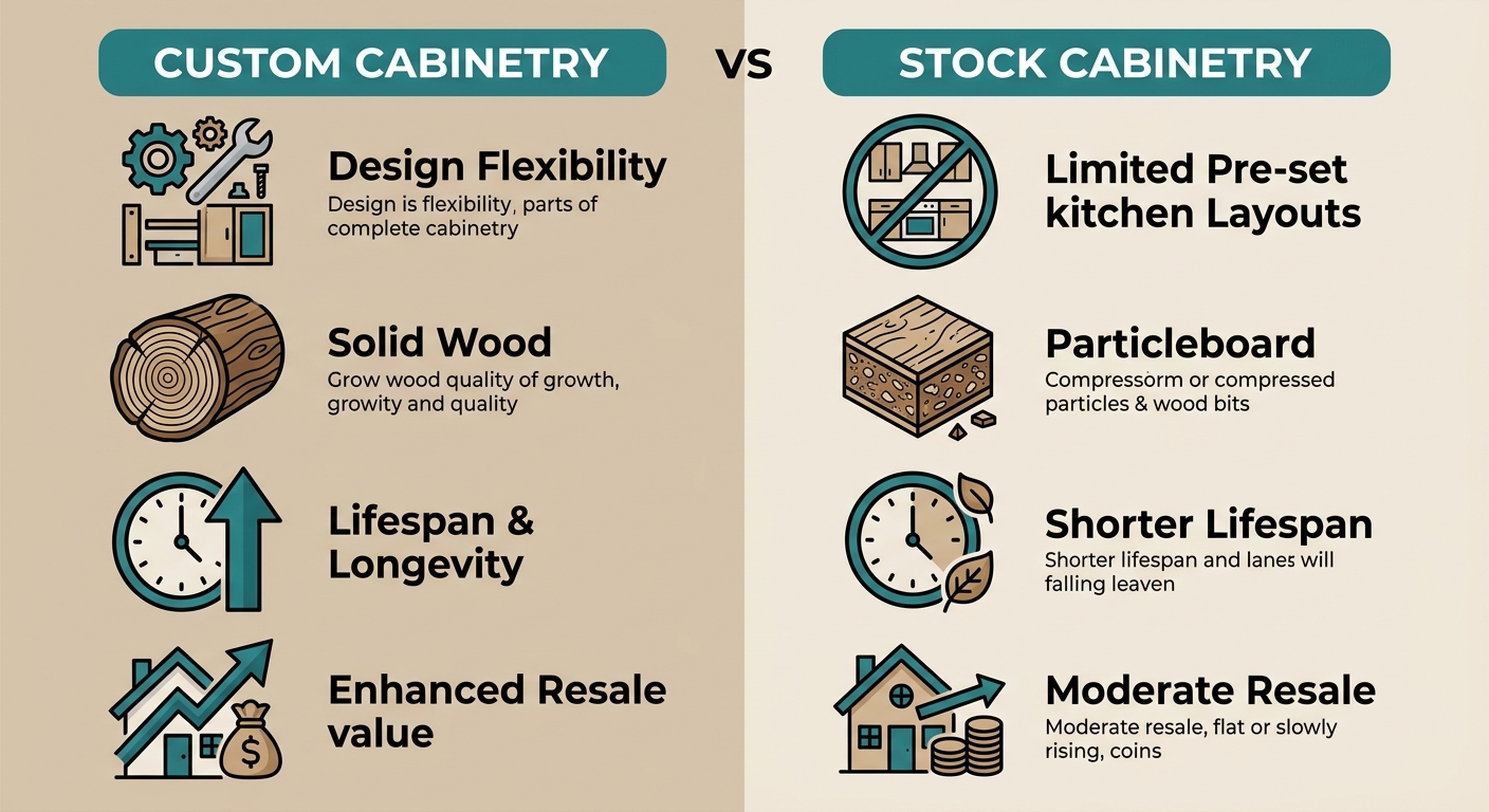 Infographic comparing custom kitchen cabinetry against stock cabinetry. Left side custom: unlimited design, solid wood, superior longevity, high resale. Right side stock: limited layouts, particleboard, shorter lifespan, moderate resale. Icons for design, quality, clock, and home value.