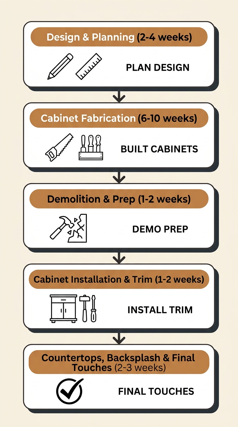 Five-stage vertical process flow diagram for a custom kitchen renovation, showing steps from design and planning through final touches, with stage names and durations linked by downward arrows.