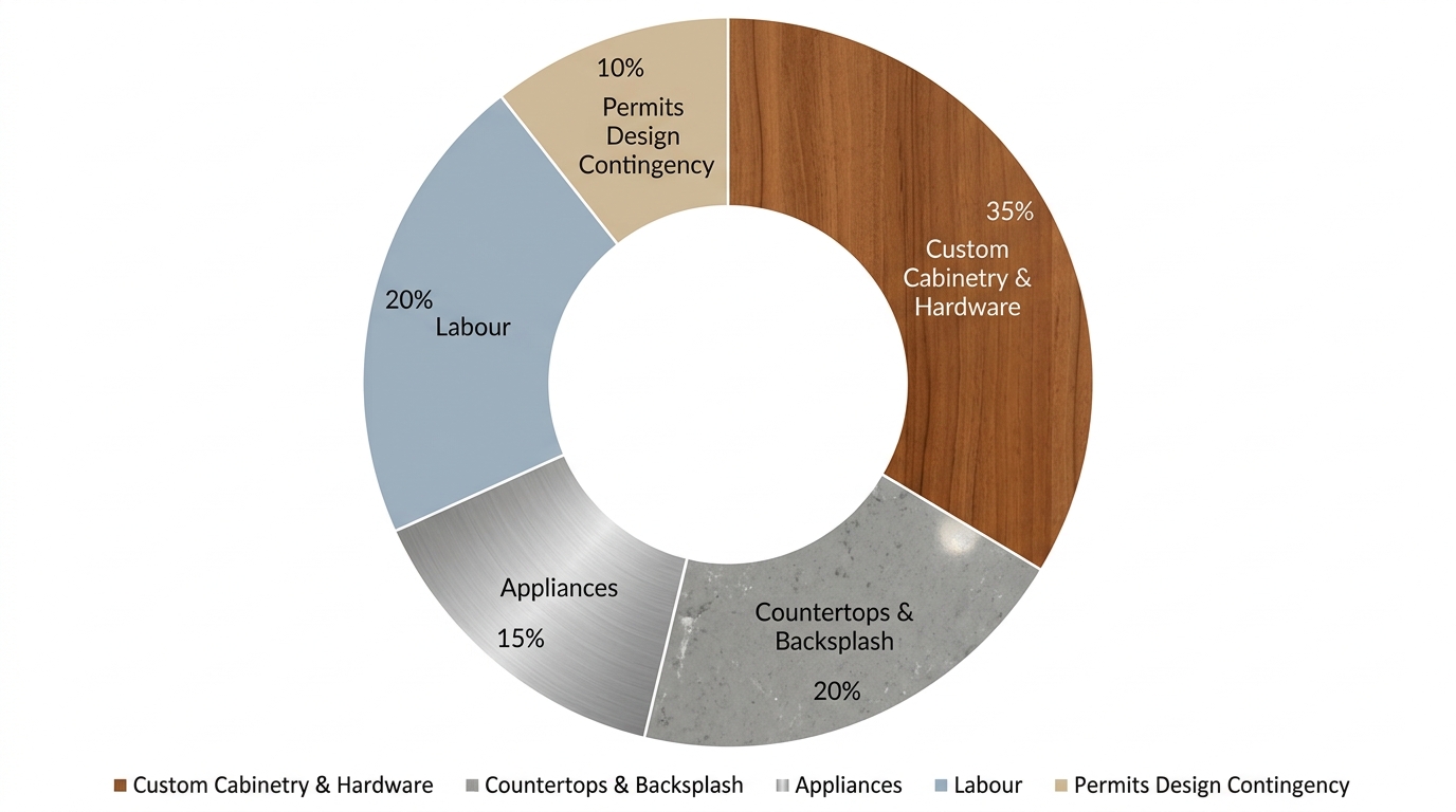 Doughnut chart showing typical budget distribution for a custom kitchen renovation in Hamilton Ontario with five sectors representing cabinetry, countertops, appliances, labour, and contingency.