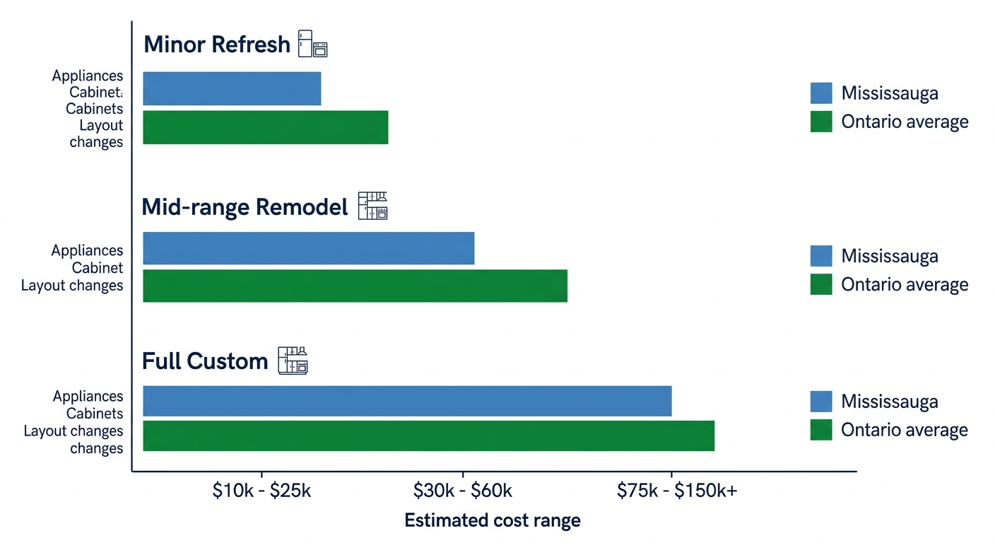 Horizontal bar chart comparing kitchen renovation costs in Mississauga versus Ontario across three project scopes: minor refresh, mid-range remodel, and full custom.