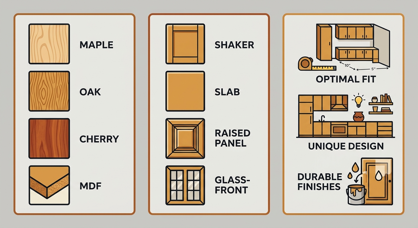 Infographic comparing custom kitchen cabinetry options: materials, door styles, and benefits. Left panel shows maple, oak, cherry, and MDF icons. Center panel displays shaker, slab, raised panel, and glass-front door styles. Right panel lists benefits of custom cabinets including fit, design, and durable finishes.
