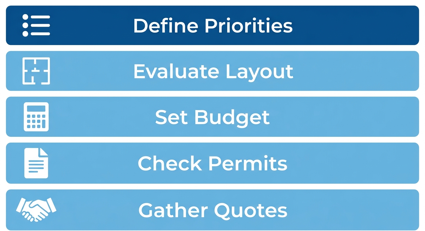 Vertical process-flow diagram showing five steps for planning a Stoney Creek kitchen renovation: define priorities, evaluate layout, set budget, check permits, and gather contractor quotes, with blue and white icons and labels.