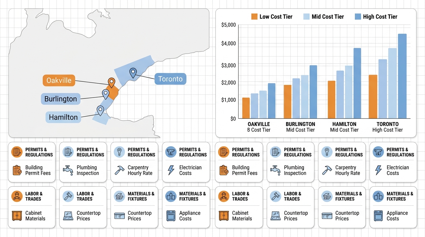 Professional infographic comparing kitchen renovation costs across Oakville, Burlington, Hamilton, and Toronto using a map and bar chart.