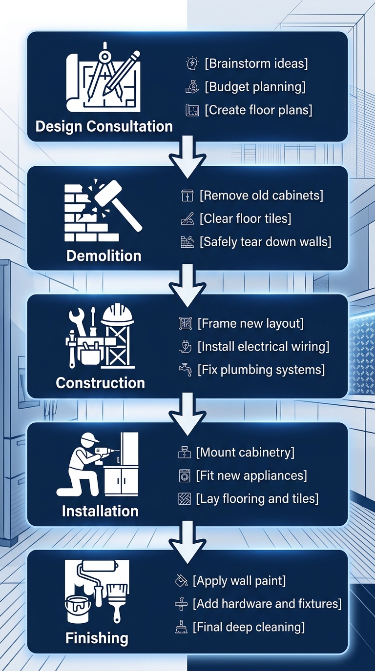 Five vertical stages of a kitchen renovation process flow from design consultation to finishing, with arrows connecting each phase.
