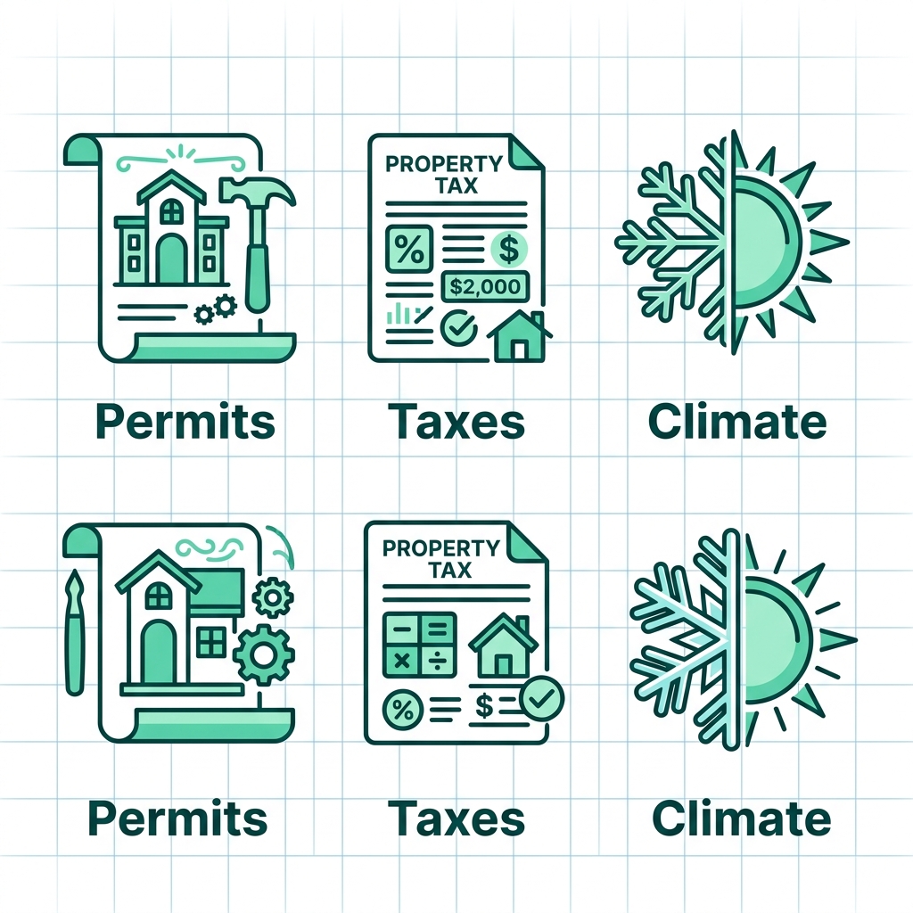 Set of three outline icons representing key considerations for a kitchen renovation