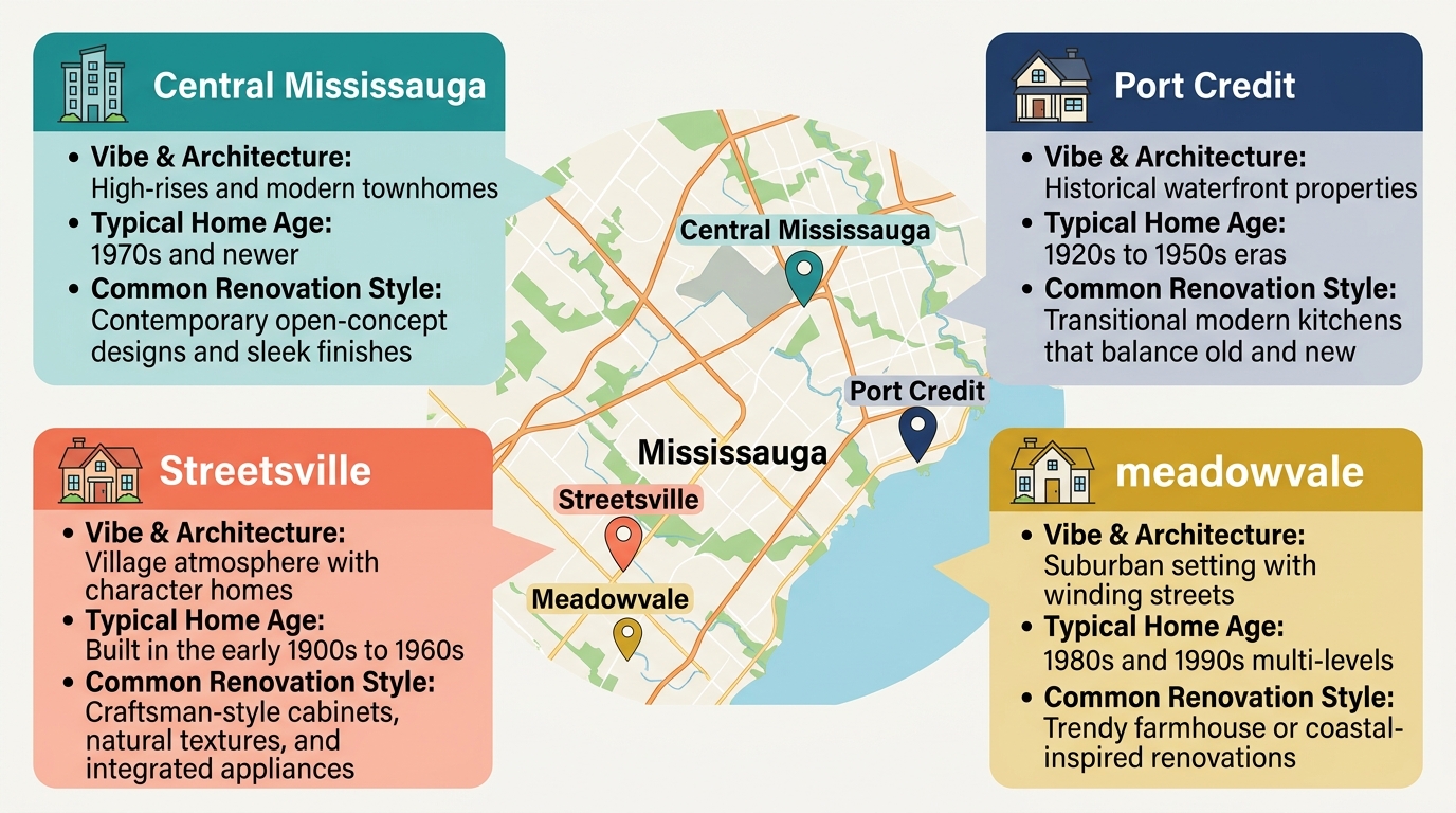 Infographic comparing four Mississauga neighbourhoods for kitchen renovations