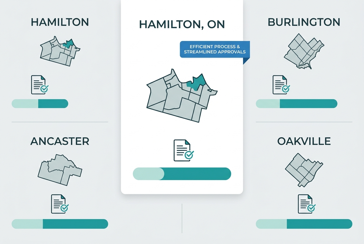 Four-panel infographic comparing kitchen renovation landscapes across Hamilton, Burlington, Ancaster, and Oakville with permit indicators and color-coded timeline bars.