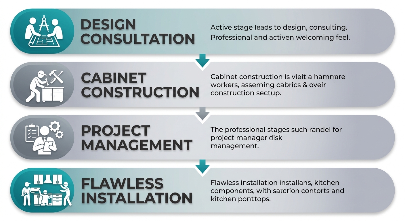 Vertical process flow showing four stages of a kitchen renovation: design consultation, custom cabinet construction, dedicated project management, and flawless installation