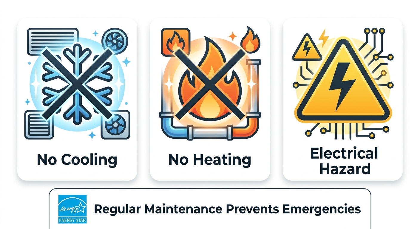 Infographic showing three HVAC emergencies with icons: no cooling, no heating, and electrical hazard, plus a reminder for regular maintenance.