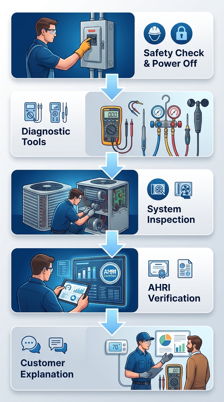 Five-step vertical diagnostic process flow for HVAC technician showing safety check, diagnostic tools, system inspection, AHRI verification, and customer explanation with professional blue and gray color scheme.