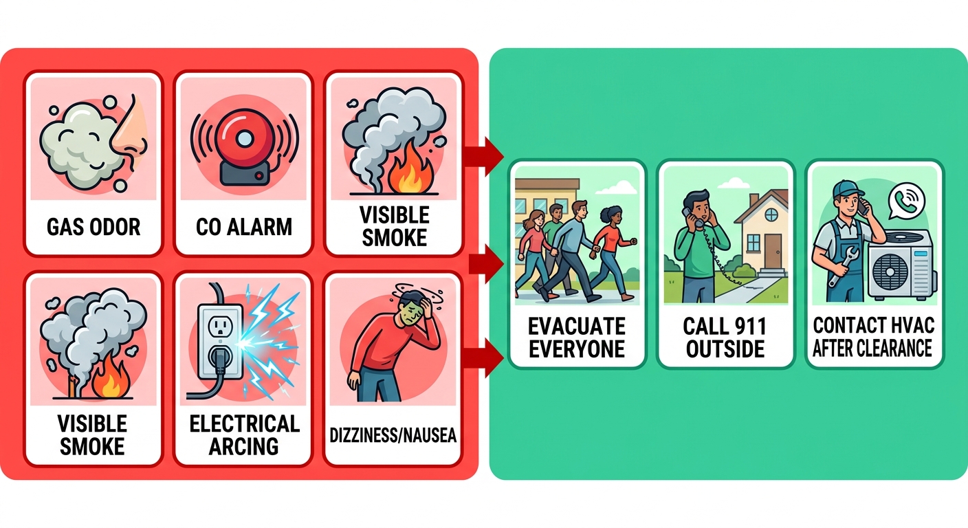 Safety infographic with red hazard icons for gas odor, CO alarm, smoke, electrical arcing, dizziness leading via arrows to green action icons for evacuating, calling 911, and contacting HVAC after clearance.