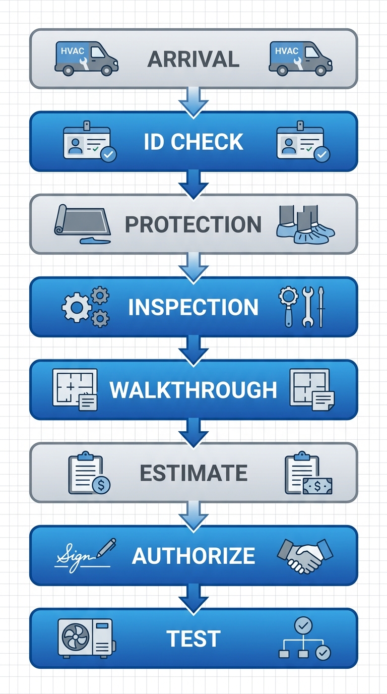 Eight-step vertical process flow diagram for HVAC service visit: technician arrival, ID presentation, shoe covers and floor protection, systematic inspection, walkthrough of findings, written diagnosis and cost estimate, customer approval and authorized repair, system testing and summary of work. Professional illustration with blue gradient rounded rectangles connected by downward arrows and corresponding icons.