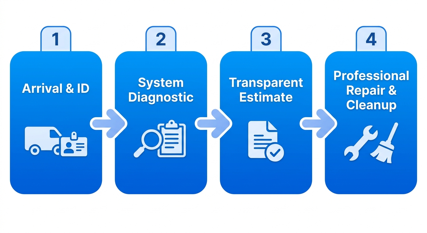 Horizontal four-step process flow diagram showing Arrival and Identification, System Diagnostic, Transparent Estimate, and Professional Repair and Cleanup steps for HVAC service at Studio City AC Repair Experts.