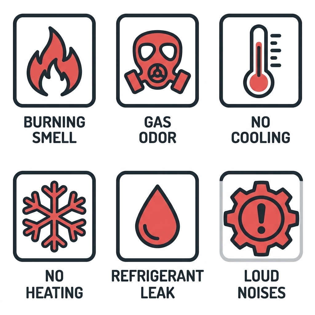 Six emergency warning icons in a 2x3 grid: flame, gas mask, thermometer, snowflake, droplet, and gear with exclamation mark