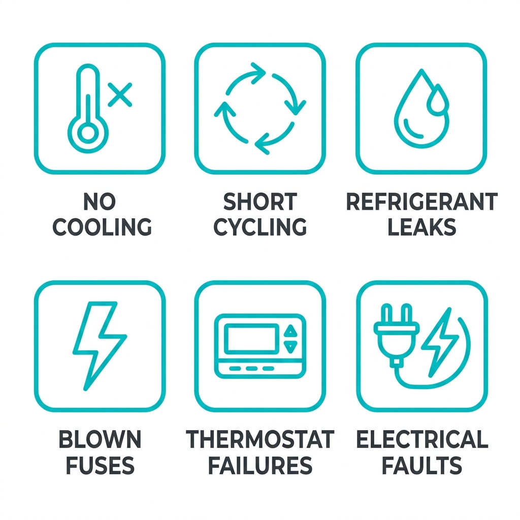 Grid of six teal outline icons representing common AC breakdowns: no cooling, short cycling, refrigerant leaks, blown fuses, thermostat failures, and electrical faults, each with a short dark gray label below.