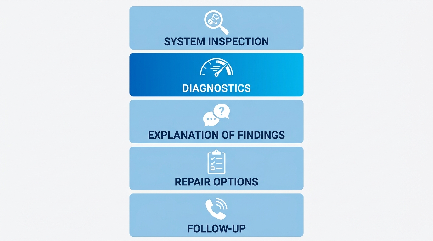 Vertical process-flow diagram depicting five stages of HVAC diagnostic service: System Inspection, Diagnostics, Explanation of Findings, Repair Options, and Follow-Up, with icons and labels on a blue gradient with light gray background.