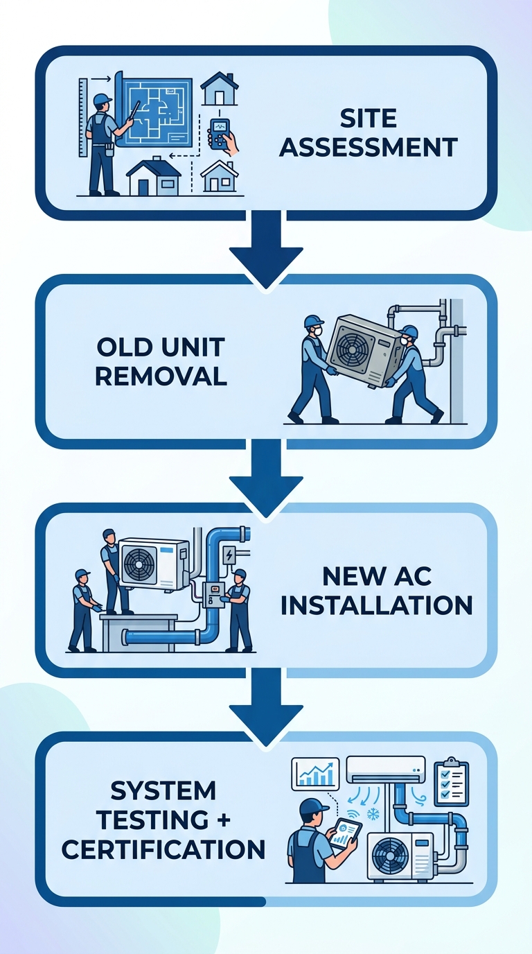 Vertical process flow diagram of AC installation showing four steps: Assessment, Removal, Installation, and Testing, with blue rounded rectangles connected by downward arrows.