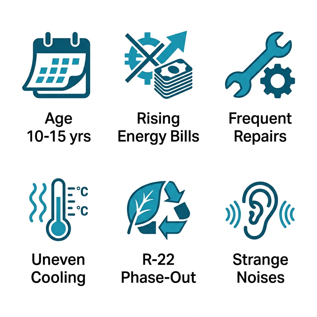 Grid of six teal icons on white background representing signs for AC replacement: age, rising energy bills, frequent repairs, uneven cooling, R-22 phase-out, and strange noises.