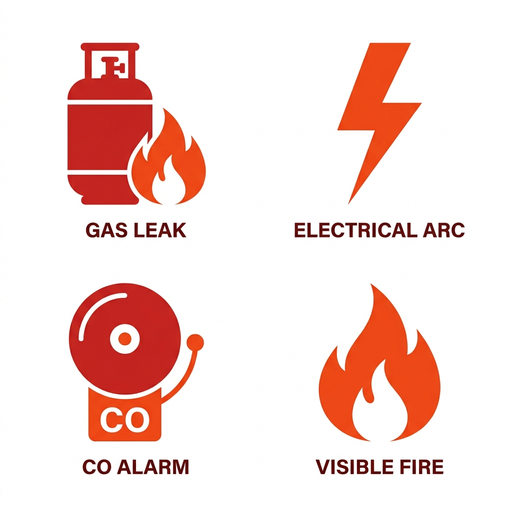 Four emergency safety icons arranged in a 2x2 grid: gas leak with a gas cylinder and flame, electrical arcing with a lightning bolt, carbon monoxide detector alarm with an alarm bell and CO label, and visible fire with a flame symbol, each with a short label beneath.