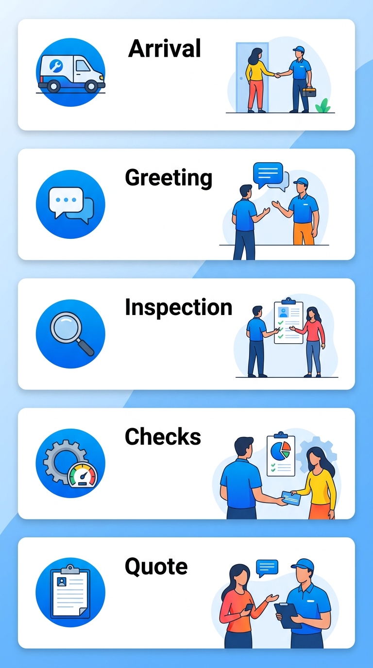 Vertical process flow diagram with five stages of air conditioning technician visit: van arrival, greeting customer, system inspection, checking components, and providing quote, using blue icons on white background with no title text.