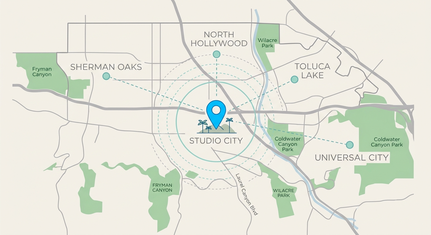 Infographic map showing Studio City central location with radiating lines to Sherman Oaks, North Hollywood, Toluca Lake, and Universal City.