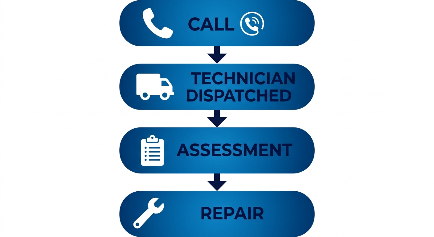 Vertical process flow diagram showing four emergency HVAC response stages: Call, Technician Dispatched, Assessment, and Repair, with blue gradient rounded rectangles and downward arrows connecting them.