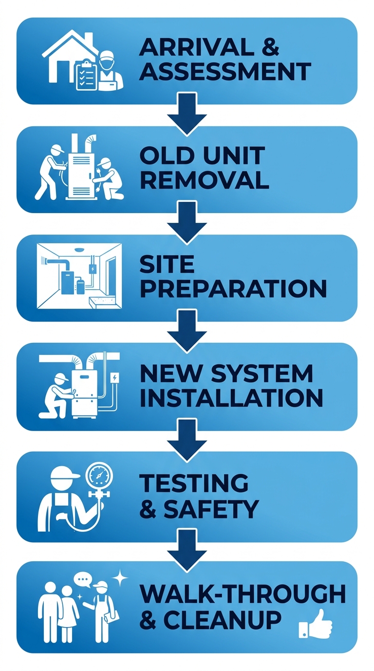 Vertical process flow diagram showing 6 stages of furnace or heater installation: Arrival & Assessment, Old Unit Removal, Site Preparation, New System Installation, Testing & Safety, Walk-Through & Cleanup, connected by downward arrows on a blue gradient background.