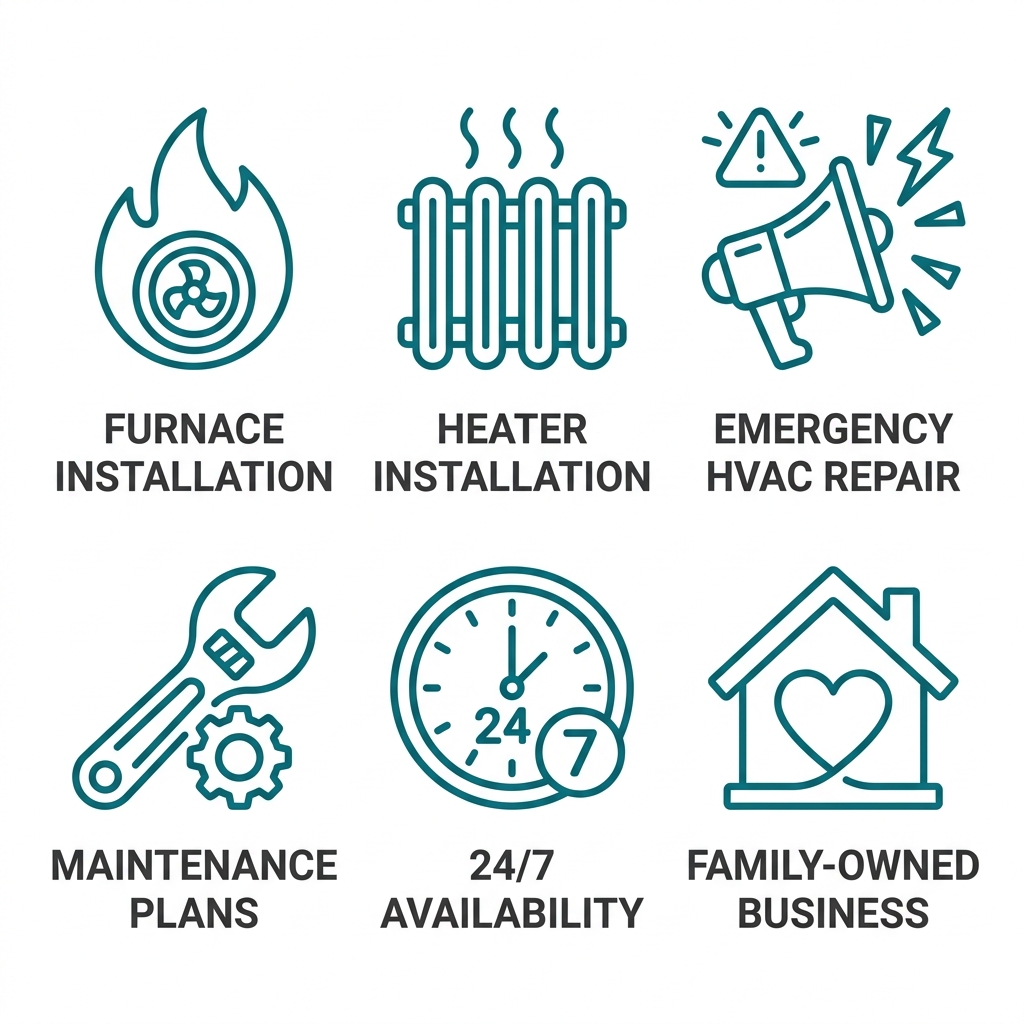 Six outlined icons representing furnace installation, heater installation, emergency HVAC repair, maintenance plans, 24/7 availability, and family-owned business from Studio City AC Repair Experts.